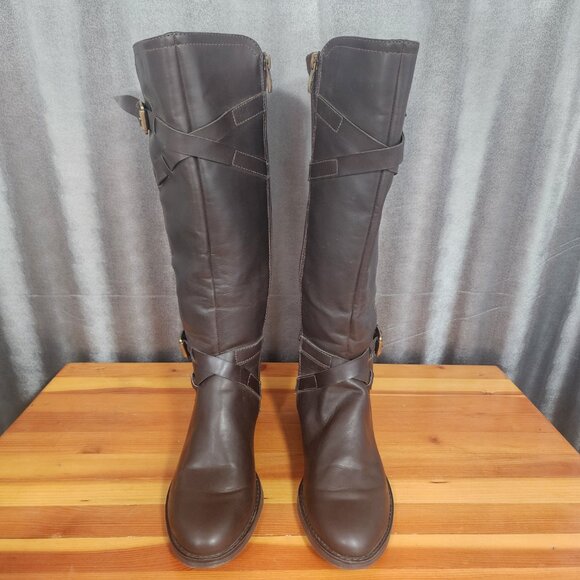 Franco Sarto Brown Knee High Riding Boots Chrome Zip Up Size 8.5M Neoprene Calf - Picture 5 of 16